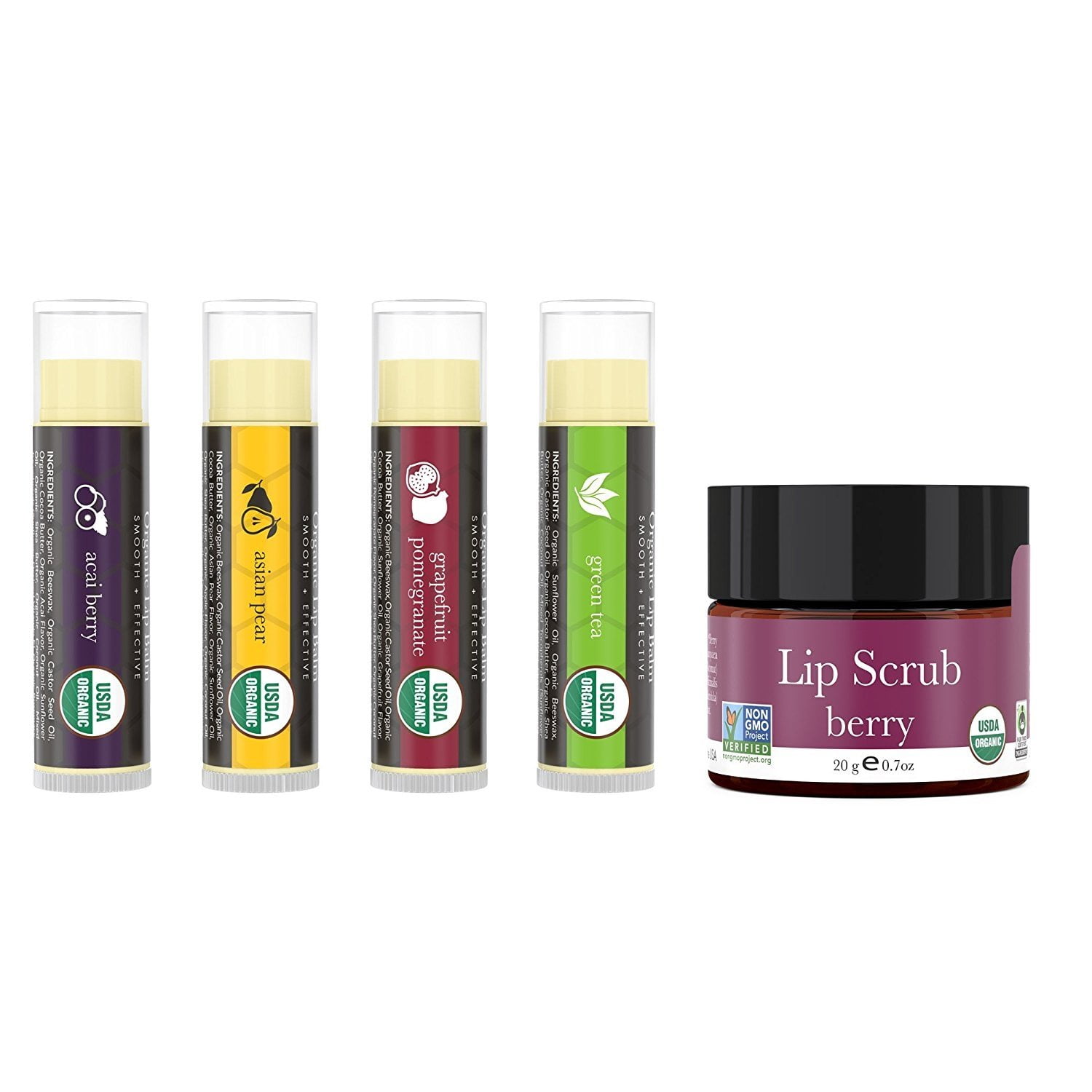 Lip Balm and Scrub Bundle 4 Pack of Exotic Flavored Lip Moisturizer with Berry Exfoliating