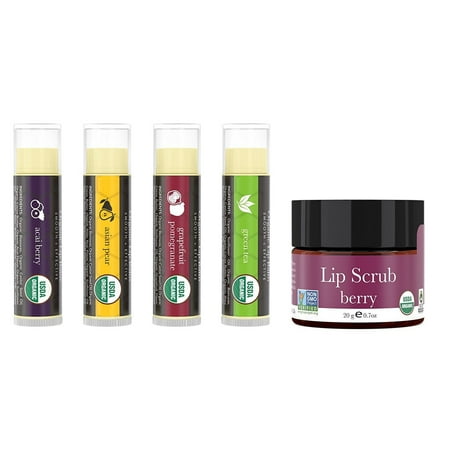 Lip Balm and Scrub Bundle - 4 Pack of Exotic Flavored Lip Moisturizer with Berry Exfoliating Sugar Scrub, Best Gift for Stocking Stuffer, Birthday or Present for Women and Girls, USDA (Best Erotic Sites For Women)