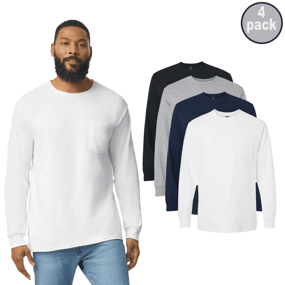 Gildan Ultra Cotton Men's Pocket Long Sleeve Crew Tee, Everyday Comfort, Mix Color, Pack 4, S