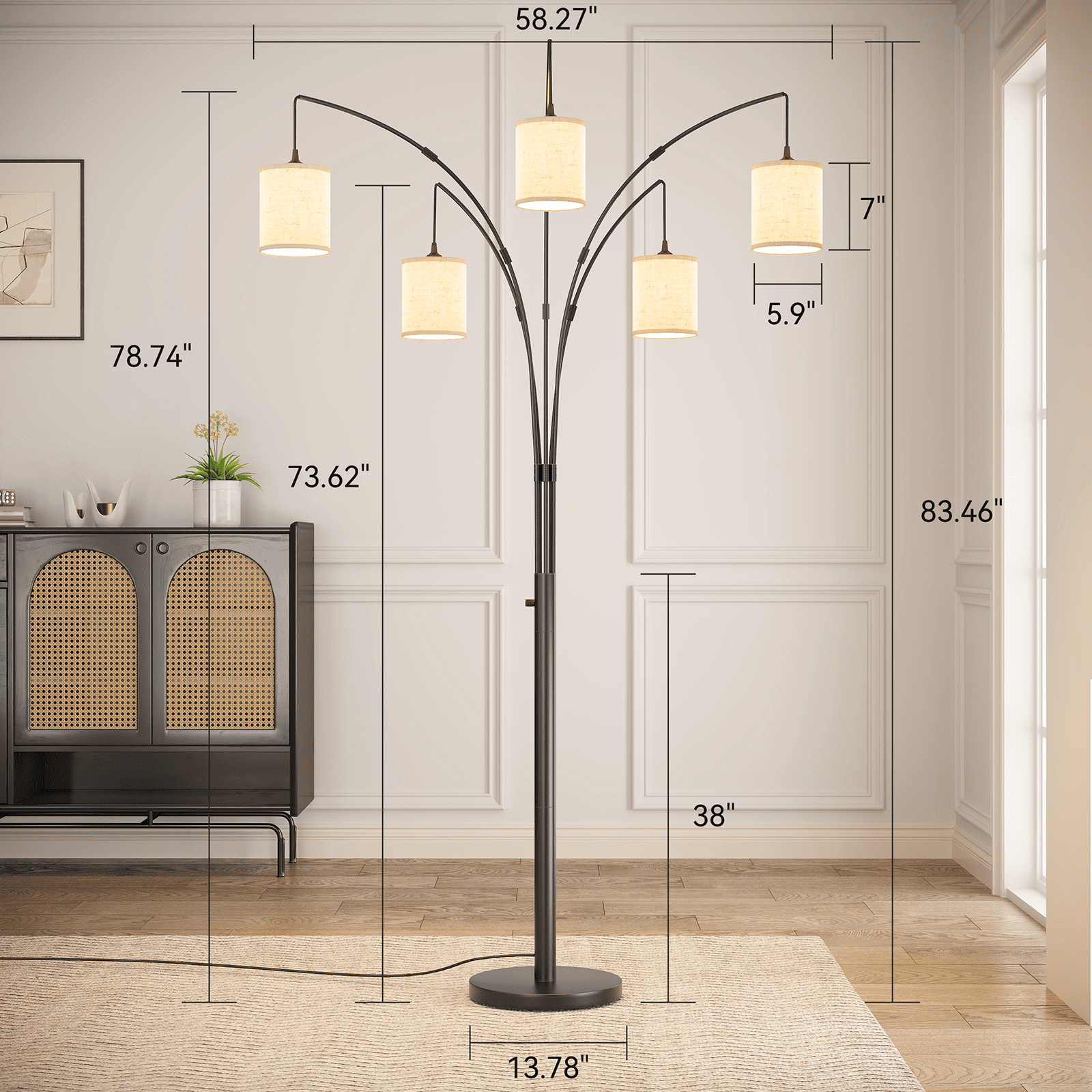 SUNMORY 5 Lights Tree Floor Lamp, 83.5" Large Tall Standing Lamp with Drum Linen Lampshade, Modern Arc Floor Lamps with Heavy Base & 5 Bulbs Included, Mid Century Arched Floor Lamp for Living Room