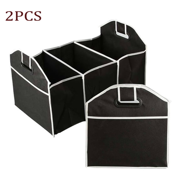 2 Set 3 Compartment Collapsible Fabric Storage Organizer with Handles, Black for Car, Home & Closet