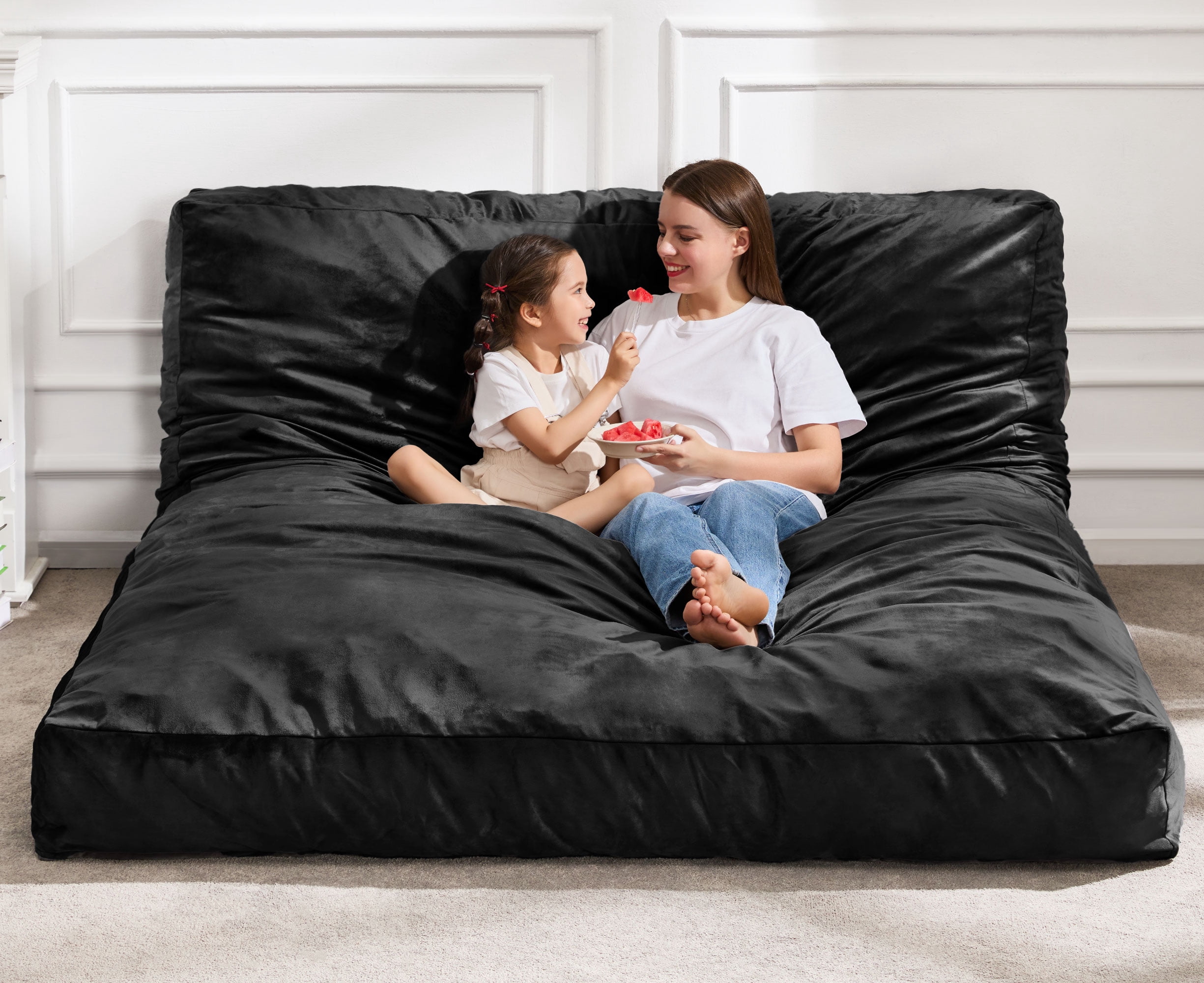 Hobestluk Bean Bag Chair 3 in 1 Beanbag Chairs for Adults, Large Bean Bags with Removable Velvet Cover, Convertible Adult Bean Bag Chair for Living Room, Bedroom, Playroom (Black, Queen)