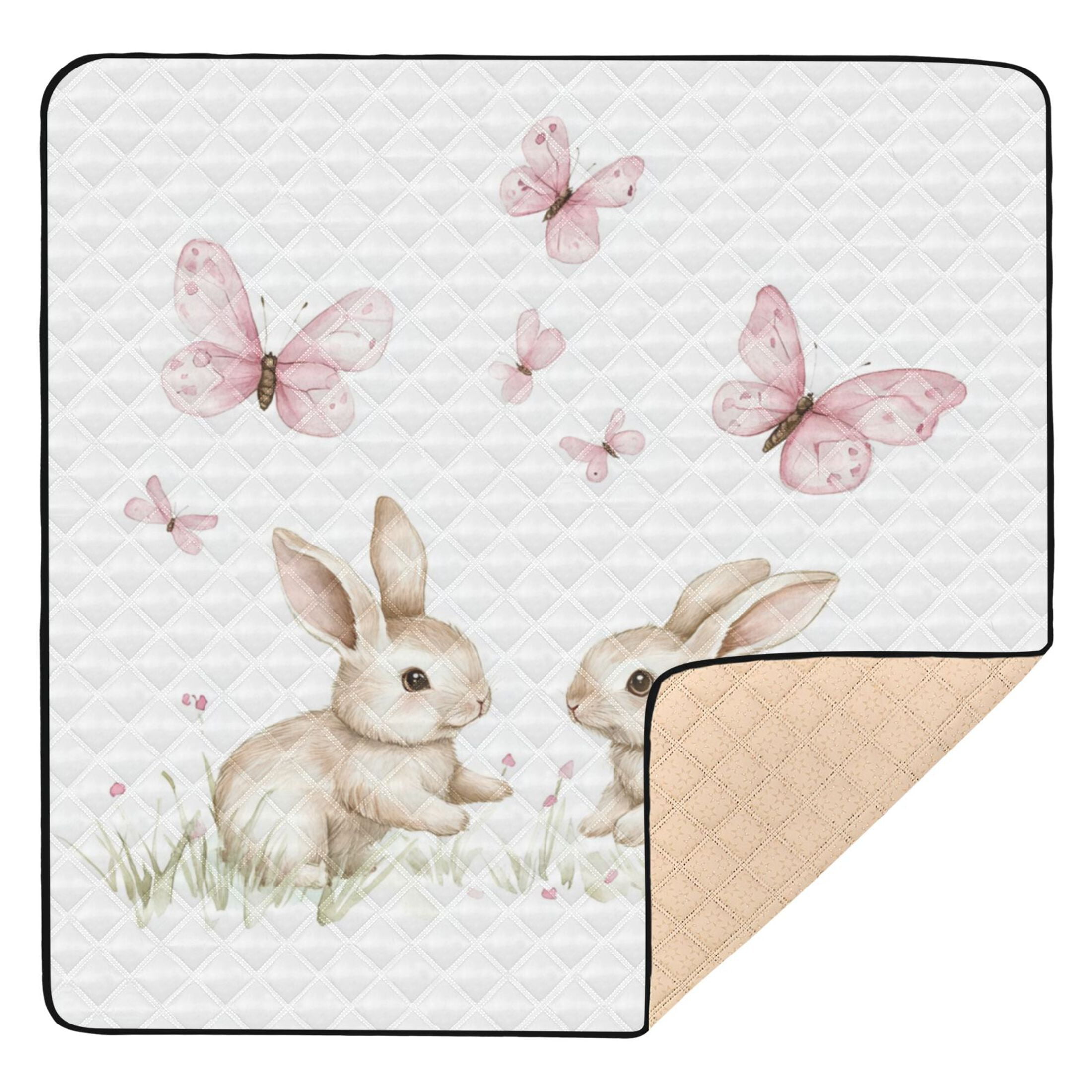WOBOGO Rabbits Playing with Pink Butterflies Baby Playmats Extra Large Waterproof Rollable Activity Pads for Toddlers 50×50inch