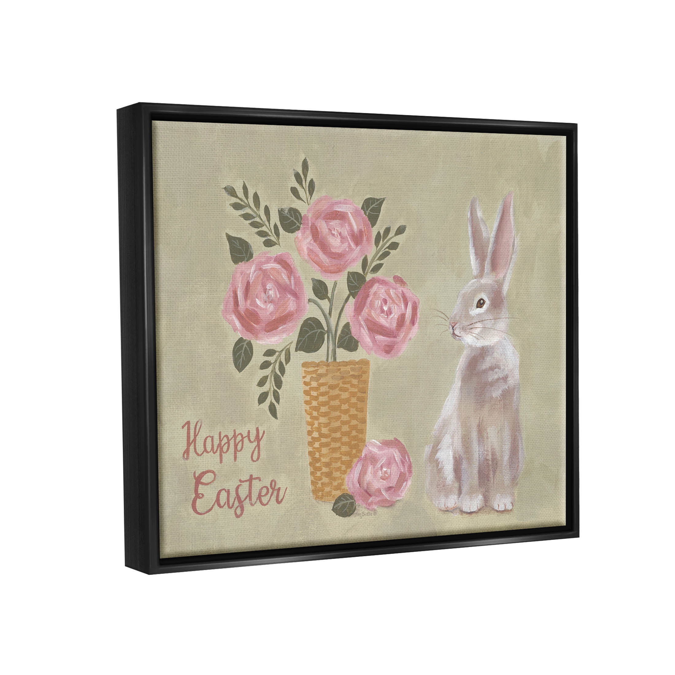 Stupell Industries Happy Easter Bunny Rose Bouquet Graphic Art Jet Black Floating Framed Canvas Print Wall Art, Design by Pam Britton