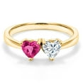 thumbnail image 3 of Gem Stone King 18K Yellow Gold Plated Silver Fashion Right-Hand Ring Set with Heart Shape Pink Created Sapphire and Moissanite (1.10 Cttw, Size 8), 3 of 6