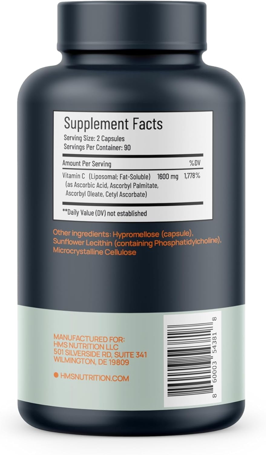 HMS Nutrition 1600mg Liposomal Vitamin C, High Absorption Immune Support, 180 Capsules, Non-GMO