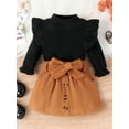 thumbnail image 2 of Bagilaanoe 2Pcs Little Girls Fall Clothes Toddler Long Sleeve Ruffle Tops + Belted Skirt 12M 18M 24M 3T 4T 5T 6T 7T Kids Casual Skirt Set, 2 of 9