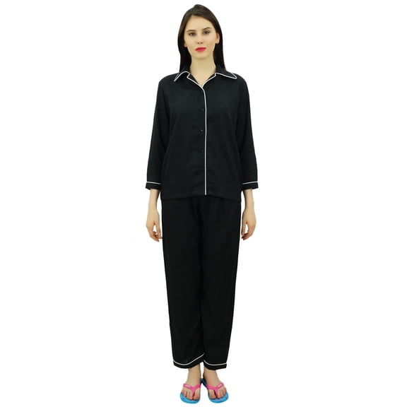 Bimba Button-Down Shirt With Elastic Waist Pajama Pants 2 Pcs Full Sleeve Night Wear Set