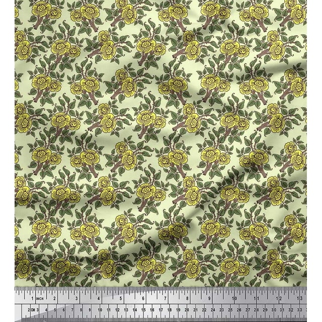 Soimoi Velvet Fabric Leaves & Floral Block Printed Fabric 1 Yard 58 Inch Wide