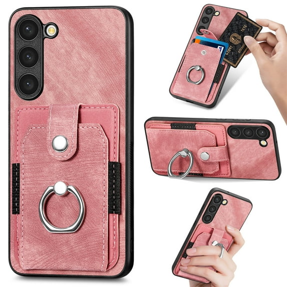 Mantto for Samsung Galaxy S23 Plus Back Wallet Case,with Elastic Card Holder,Shockproof PU Leather 360° Rotation Ring Kickstand Support Magnetic Car Mount Phone Case for Women Men,Pink