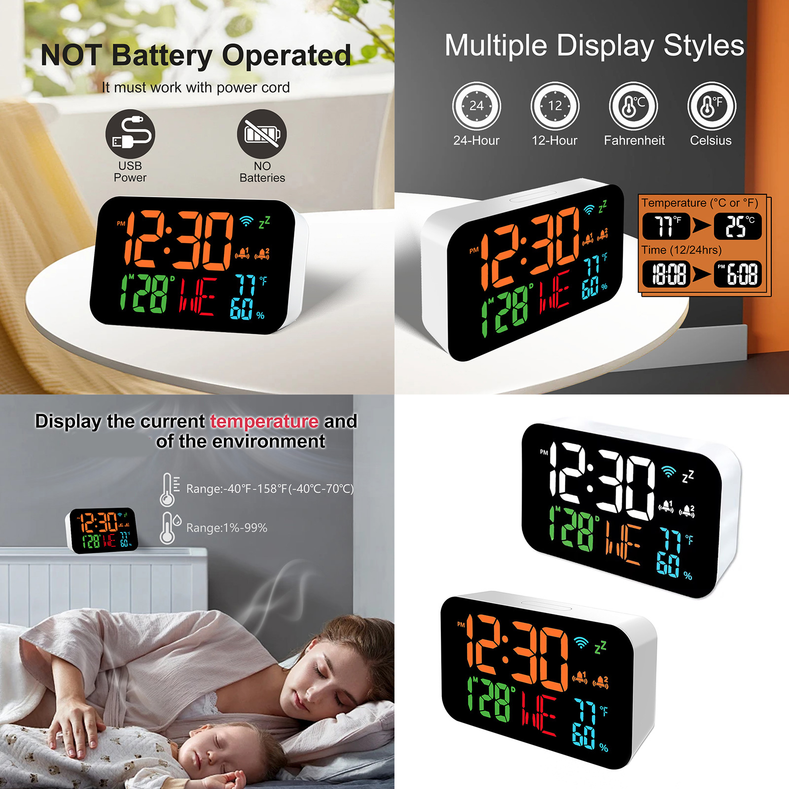 Intelligent LED Digital Alarm Clock Calendar WiFi Temperature Sensing Humidity Monitor Auto Calibration USB Operated