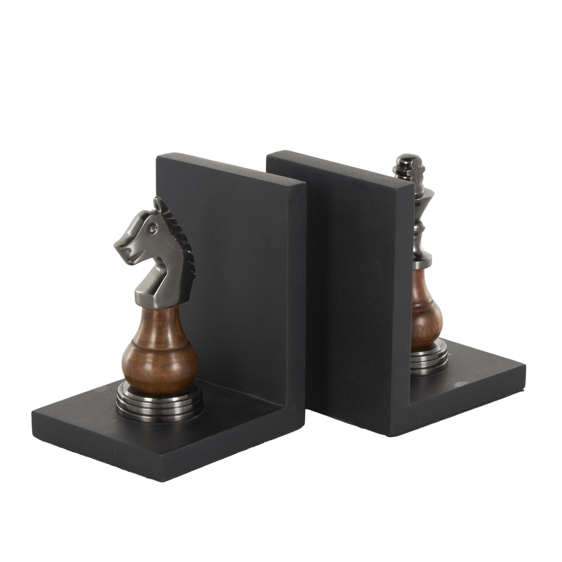 DecMode 4" Chess Black Aluminum Metal Bookends with Aluminum Accents (Set of 2)