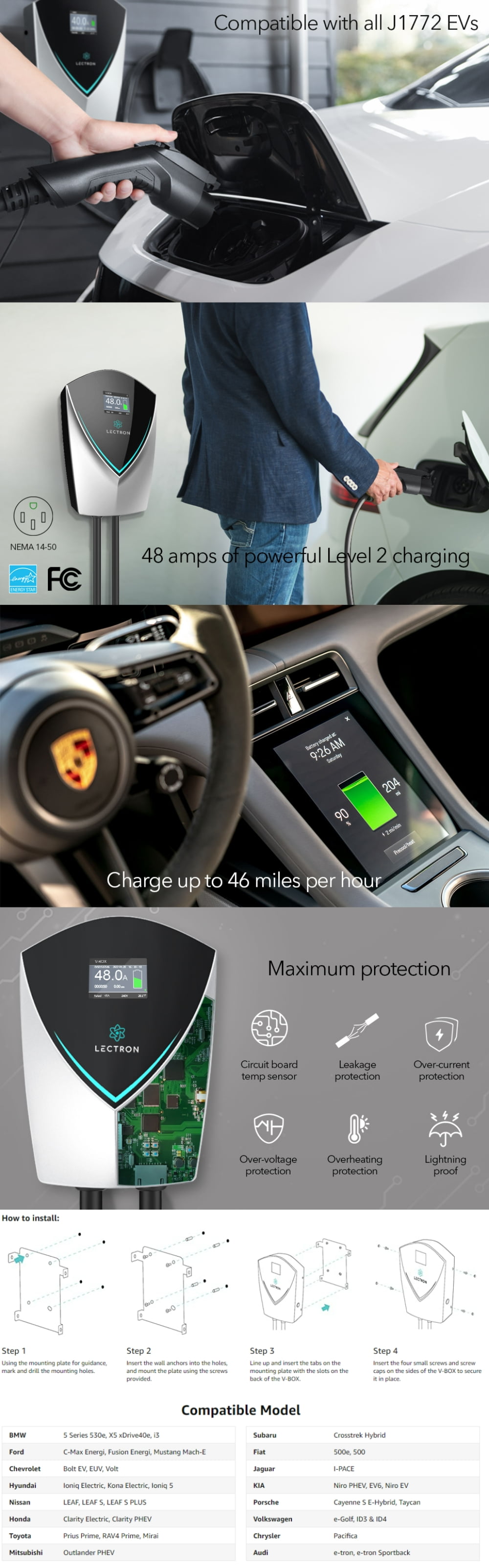 Lectron V-Box 48A Level 2 EV Charging Station (240V) for J1772 EVs