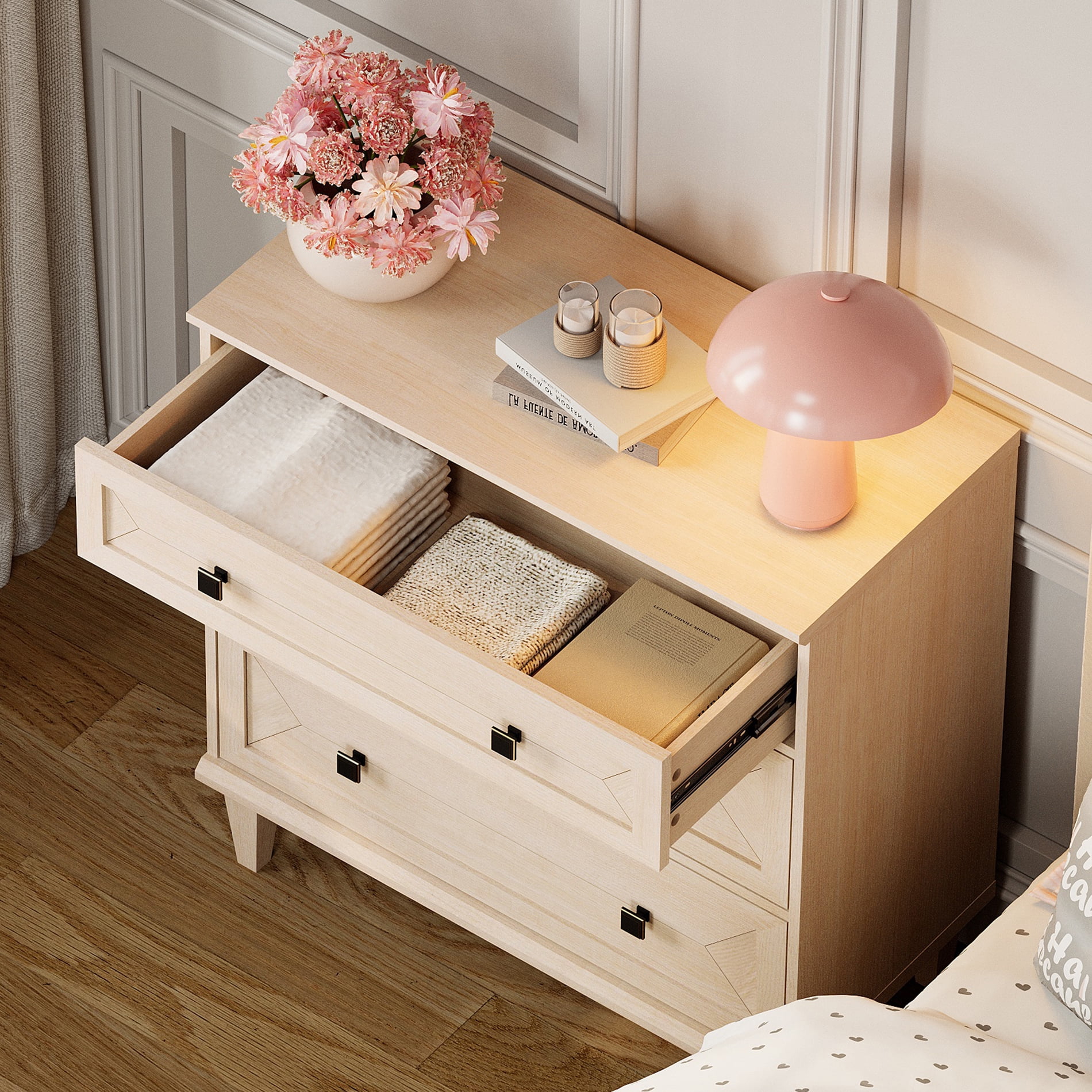 WAMPAT Handmade Patchwork Set of 2 3-Drawer Nightstands, Beige