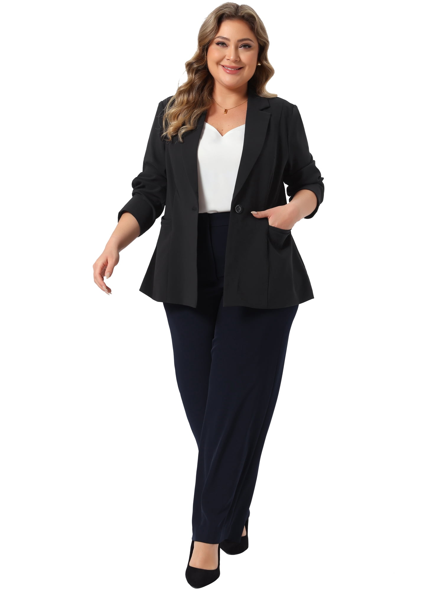 DARING DIVA Women's Plus Blazer Lapel Collar Long Sleeve Work Blazer 2X Black