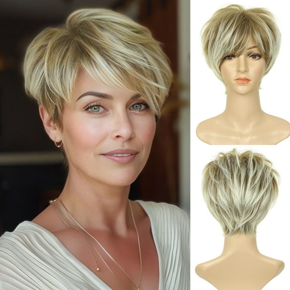 Creamily Short Blonde Wig for Women Synthetic Pixie Cut Wigs Layered Blonde Short Wigs with Bangs Blonde Mix Brown Wigs