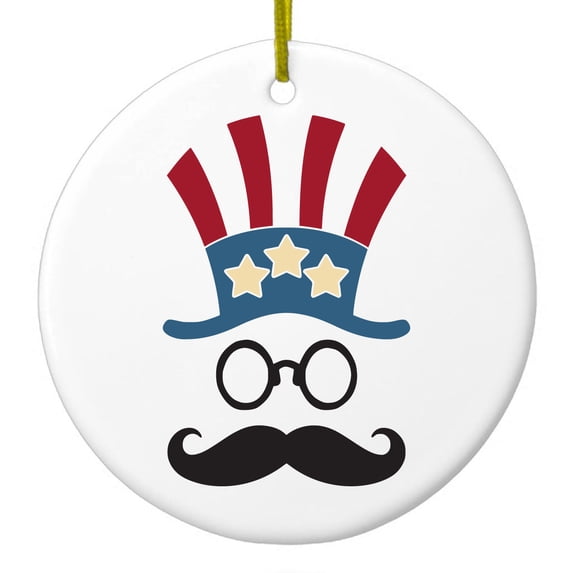 DistinctInk Hanging Ceramic Christmass Tree Ornament with Gold String - Great Gift / Present - 2 3/4 inch diameter - Uncle Sam Cartoon USA Patriotic