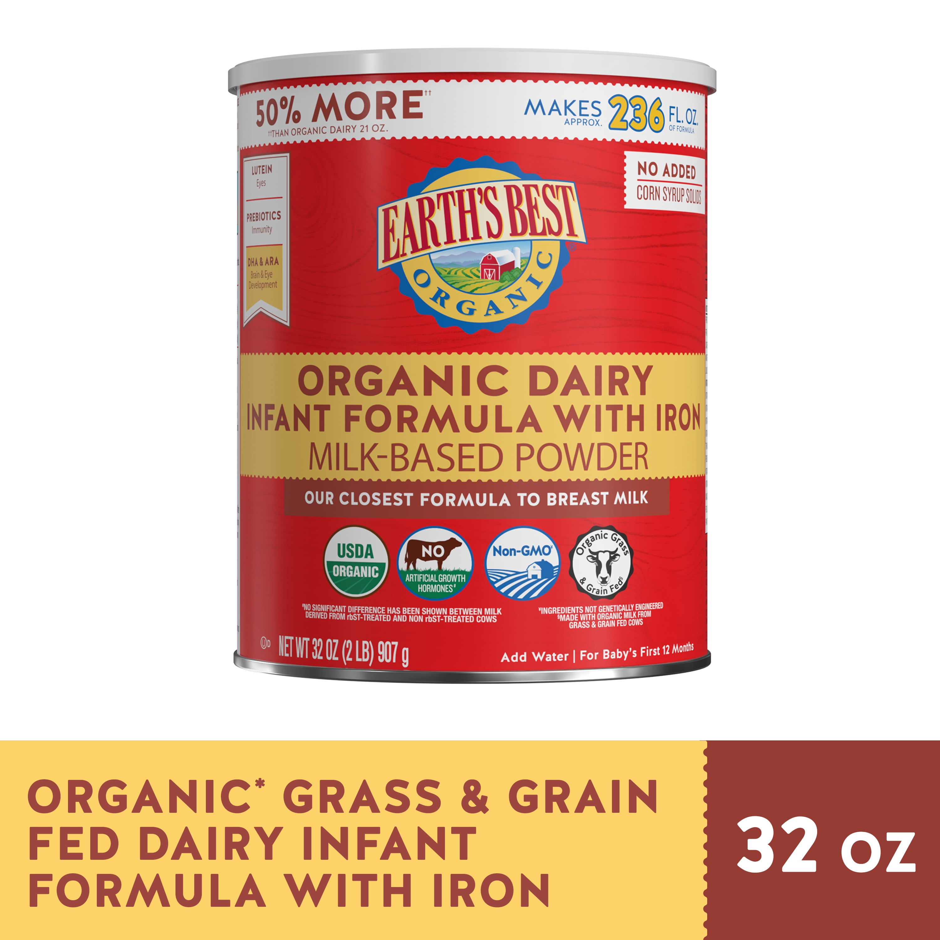 (4 pack) Earth's Best Organic Dairy Powder Baby Formula with Iron DHA & ARA, 32 oz Canister