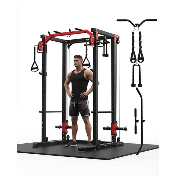 Rugerasy Multi-Functional Power Rack,Power Cage with LAT Pulldown & Cable Crossover System,All-in-1 Weight Cage Home Gym with Adjustable Pulley System,Squat Rack,Red Black