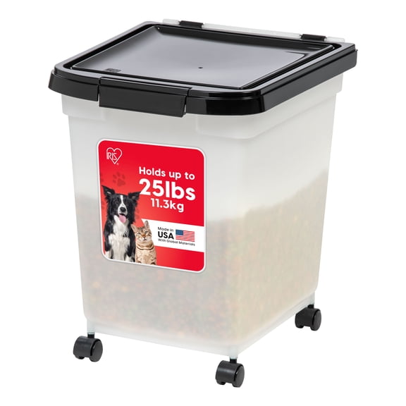 IRIS USA 25 Lbs / 32.5 Qt WeatherPro Airtight Pet Food Storage Container with Removable Casters, for Dog Cat Bird and Other Pet Food Storage Bin, Keep Fresh, Translucent Body, Clear/Black