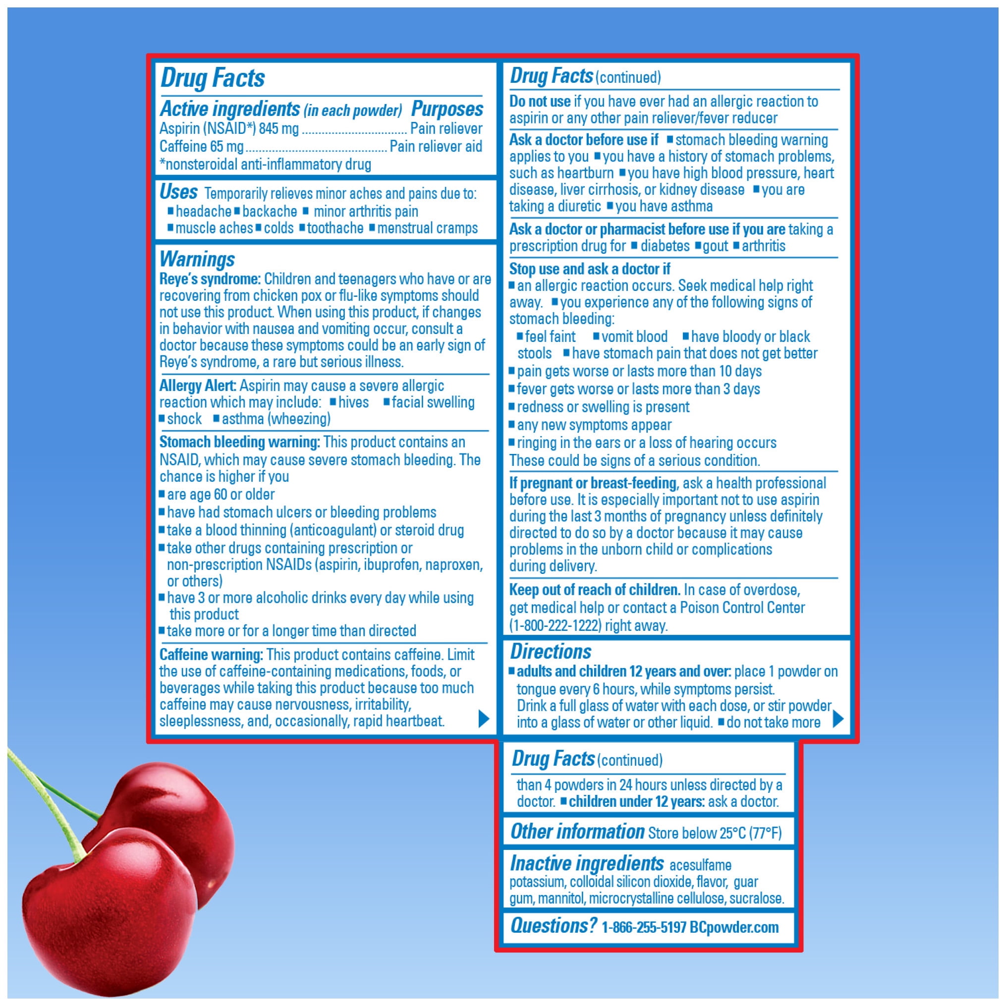 (3 pack) BC Pain Relief Powder, Cherry Flavor Headache Relief with Aspirin & Caffeine, 24 Count