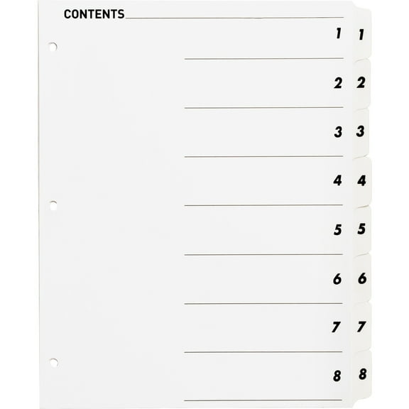 Business Source Table of Content Quick Index Dividers - Printed Tab(s) - Digit - 1-8 - 8 Tab(s)/Set - 8.5" Divider Width x 11" Divider Length - 3 Hole Punched - White Divider - Whi | Bundle of 5
