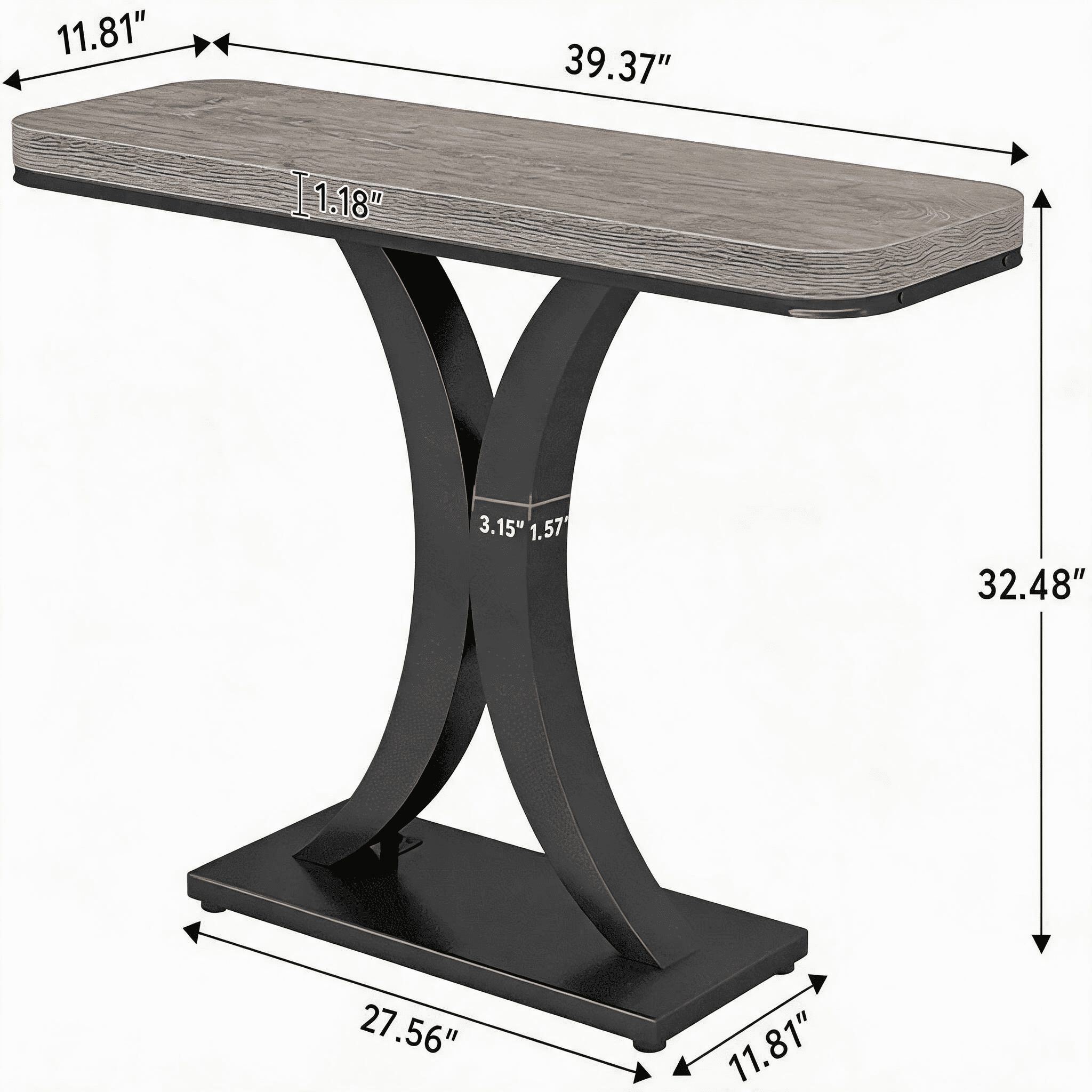 39.4" Industrial Console Table - Rustic Brown Wood Grain with Curved Edge, Heavy-Duty Geometric Base - Narrow Entryway Table for Living Room, Hallway & Foyer