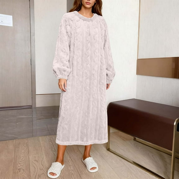 Puyaiuu Flannel Plush Winter Nightgowns for Women Loose Long Sleeve Comfy Fuzzy Soft Sleepwear Pajama Dress with Pockets Fleece Pajamas Women Gift