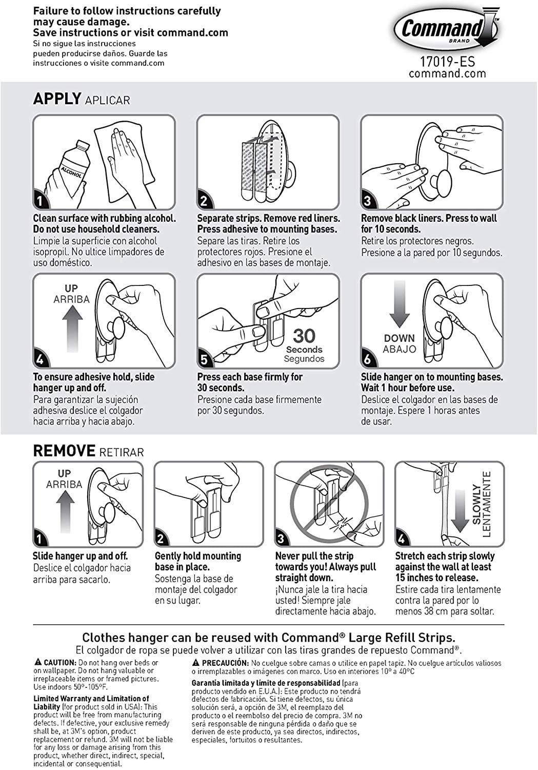Command Clothes Hanger, 1 hanger, 2 strips, Large, Organize Damage-Free, White 17019-ES