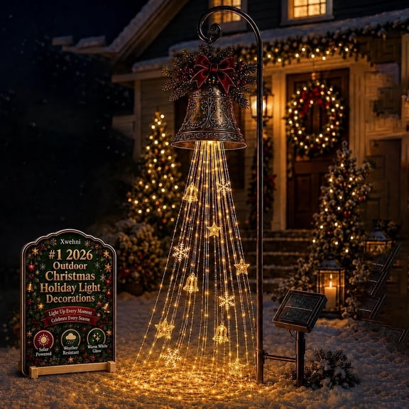 Christmas Bell Cascade Solar Yard Light Warm White LED Flowing Garden Stake with Star Snowflake Ornaments Waterproof Auto On Off for Lawn Pathway Front Yard Outdoor Christmas Holiday Decor
