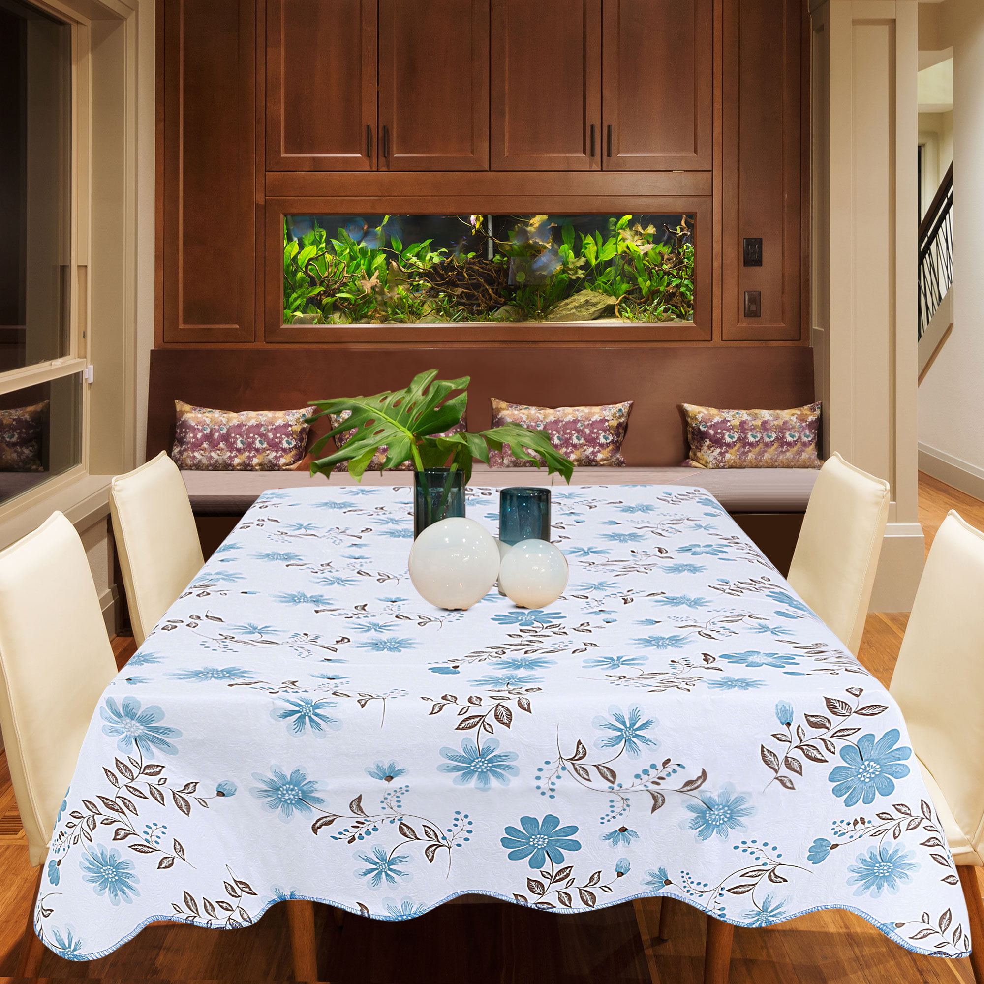 Modern Blue Daisy Flower PVC Vinyl Wipe Clean Tablecloth 110cm x 140cm