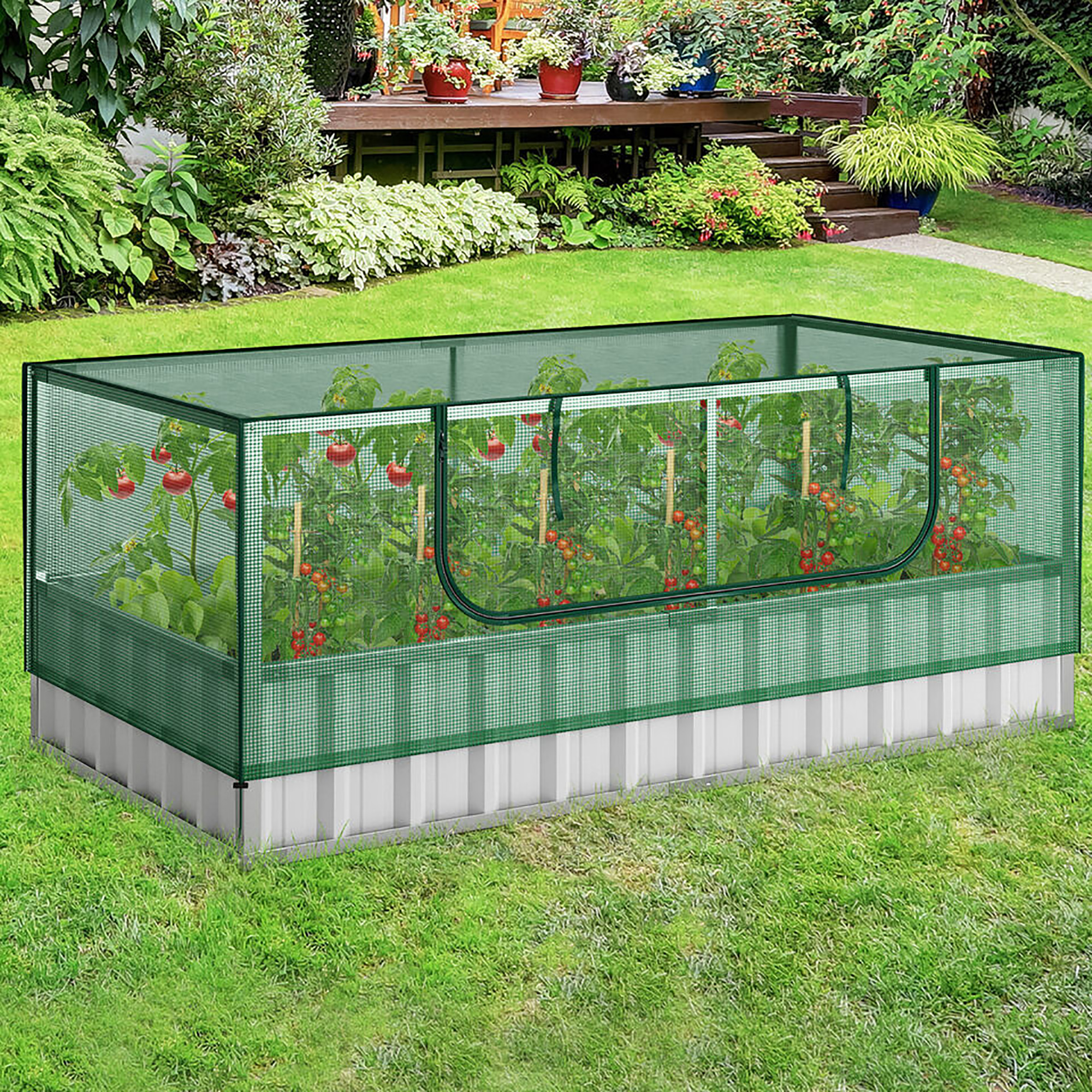 Gymax 69'' x 36'' x 28'' Galvanized Raised Garden Bed w/ Cover Roll-up Window Greenhouse