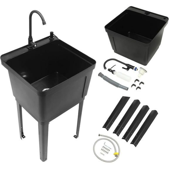 Freestanding Utility Sink, Utility Sink Extra-Deep Laundry Tub, Freestanding Plastic Utility Sink Laundry Tub Sink for Basement, Laundry Room, Garage or Shop (Black)