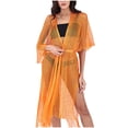 thumbnail image 2 of Karight Womens Metallic Mesh Cover Up Kimono Belted Open Front Fringe Hem Beach Swimwear Cover Up, 2 of 7