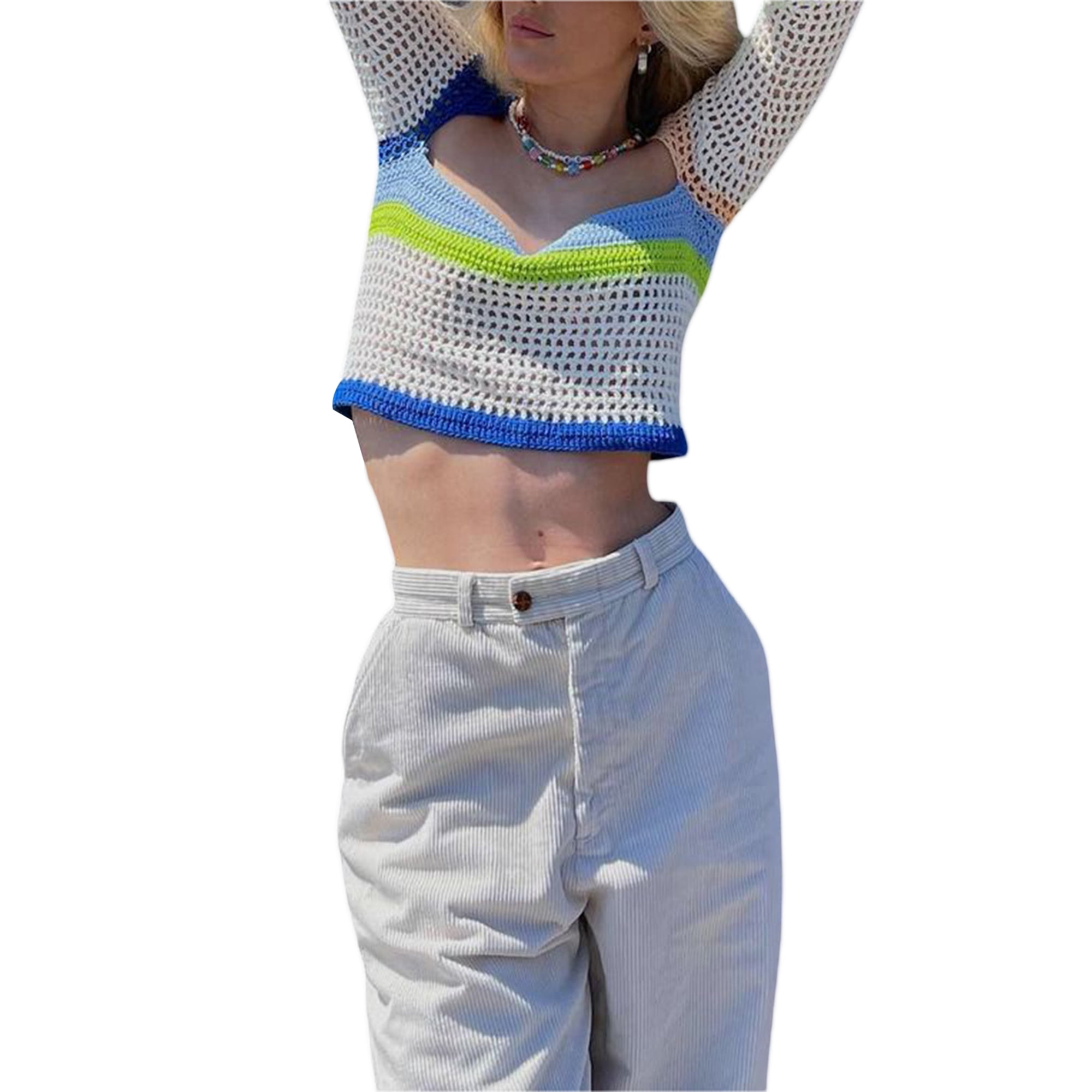 Women Hollow Out Crochet Knit Sweater Crop Tops Color Block Long Sleeve  Summer Fall Jumper Pullover Tops - Walmart.com