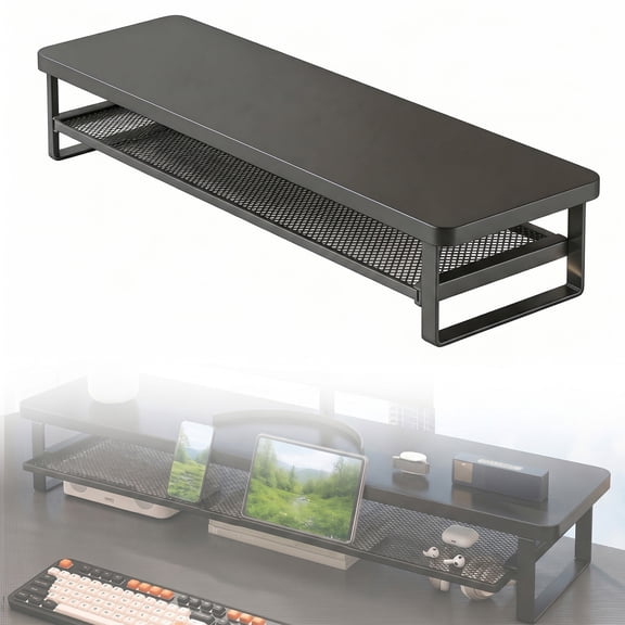 Xoperyu Double‑Layer Monitor Stand Riser, 27.56 in Desktop Organizer with Drawer‑Style Pull‑Out for Home and Office Use, Black