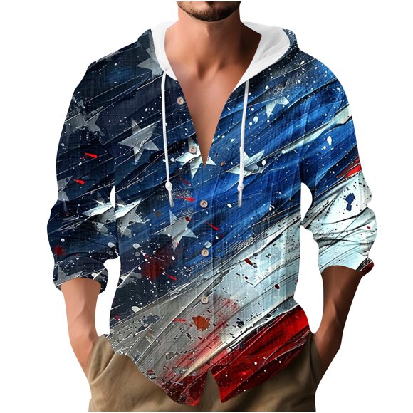 Hoodie for Men, Vintage Print Long Sleeve Button Front Drawstring Hooded Sweatshirt in Navy Blue, Lightweight Summer Casual Wear