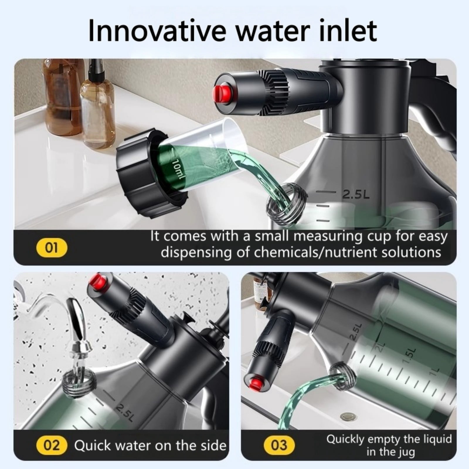 Watering Can with Measuring Marks and Easy Pour Spout for Garden Cleaning and Car Washing Includes Small Cup and Side Inlet for Effortless Use