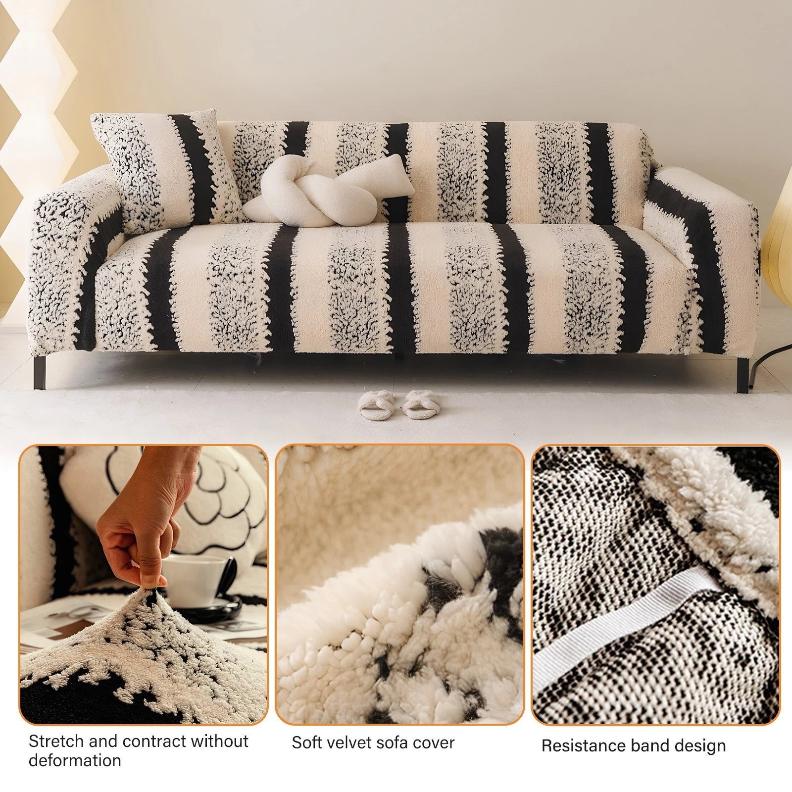 TOPCHANCES Stretch Stripe Sofa Covers, Soft Cotton Blend Velvet Fabric Armchair Loveseat 3-Seat Sofa Slipcover, Non-slip Couch Protector Settee Cover, Friendly to Pets (Chair Cover, Stripe Black)