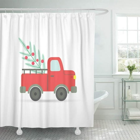 PKNMT Green Truck Car with Christmas Fir Tree Red Cartoon Top Berries Buy Celebration Cold Waterproof Bathroom Shower Curtains Set 66x72