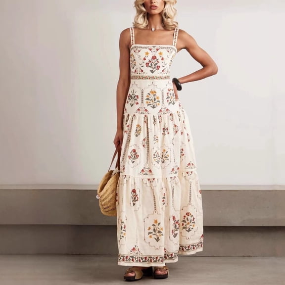 2026 New Women's Boho Floral Print Tiered Maxi Dress Square Neck Spaghetti Strap Vintage Vacation Long Dress