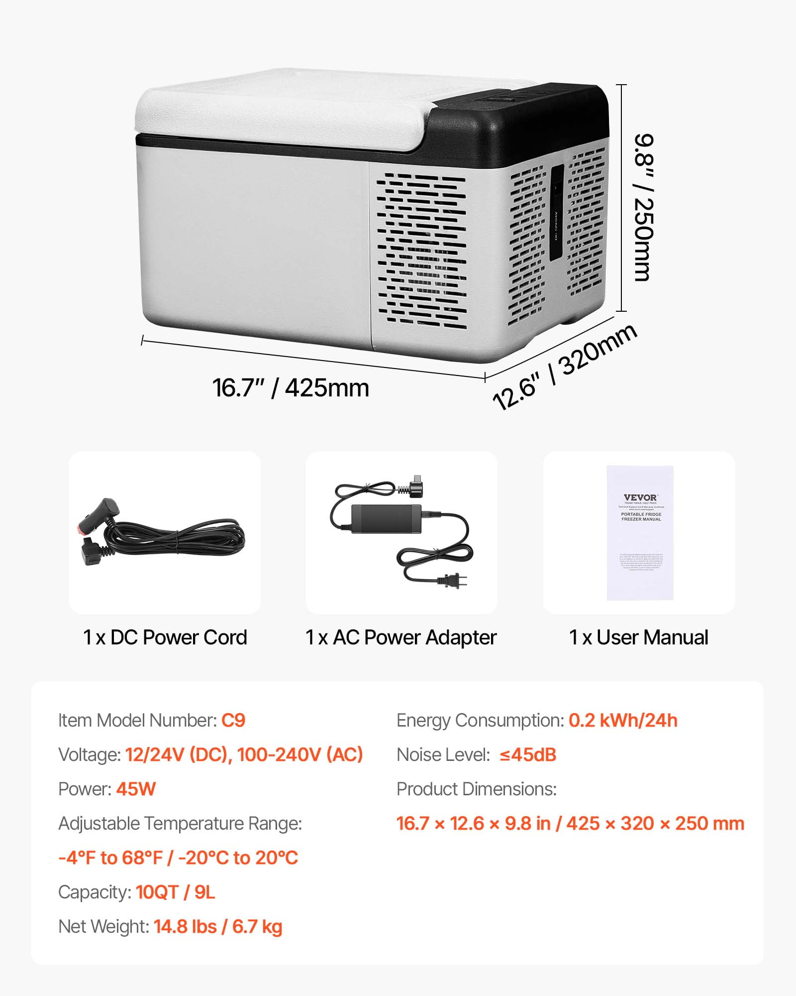VEVOR 12 Volt Refrigerator 10 Qt, Portable Mini Freezer (-4℉~68℉) with APP Control Car Compressor Fridge Cooler 12V/24V DC and 110-220V AC