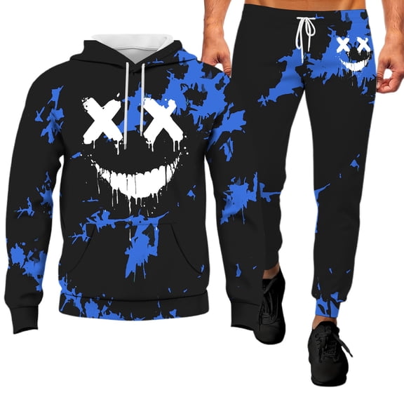 LIIPEE Men Hoodie Outfits Halloween Cartoon Pumpkin Face Printed Long Sleeve Hooded Pullover Sweatshirt Pants Set Man Leisure Climbing Hiking Camping Cycling Outfit,Blue,M