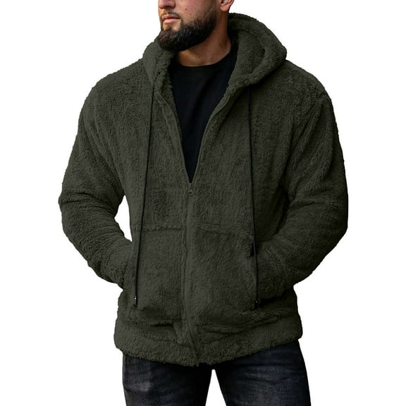 PNTUTB Men's Solid Color Double-sided Fleece Full Zipper Pocket Long Sleeve Hooded Drawstring Warm Coat