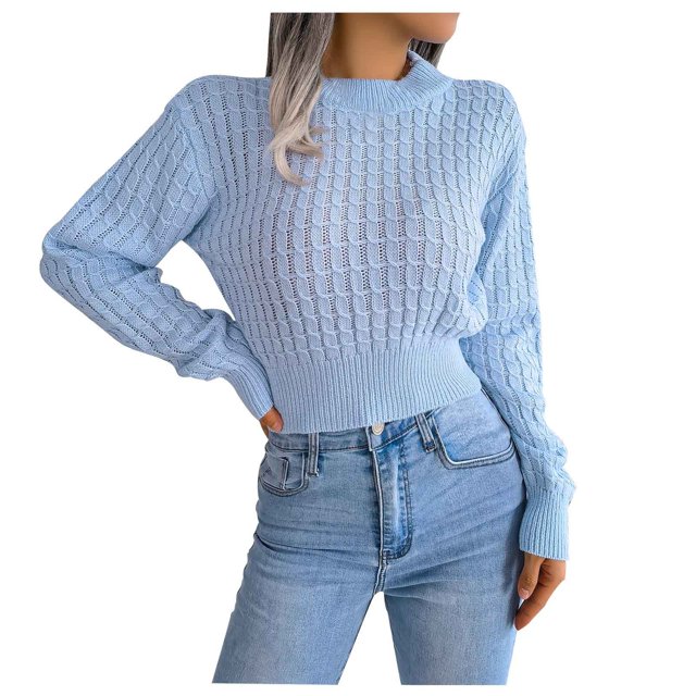 Yuyuzo 2025 Womens Sweaters Long Sleeve Round Neck Knitted Cropped Tops Fall Winter Casual Solid Color Sweaters