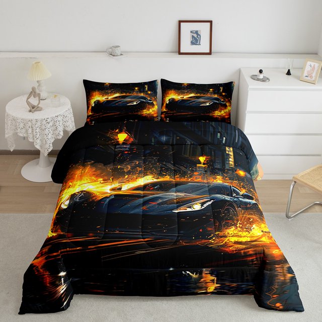 YST Fire Sports Car Comforter Set King For Kids Boys Extreme Sport Bedding Sets,Speed Sports Car Game Down Comforter Racing Car Theme Quilt Set Home Decortive,Microfiber 3 Piece