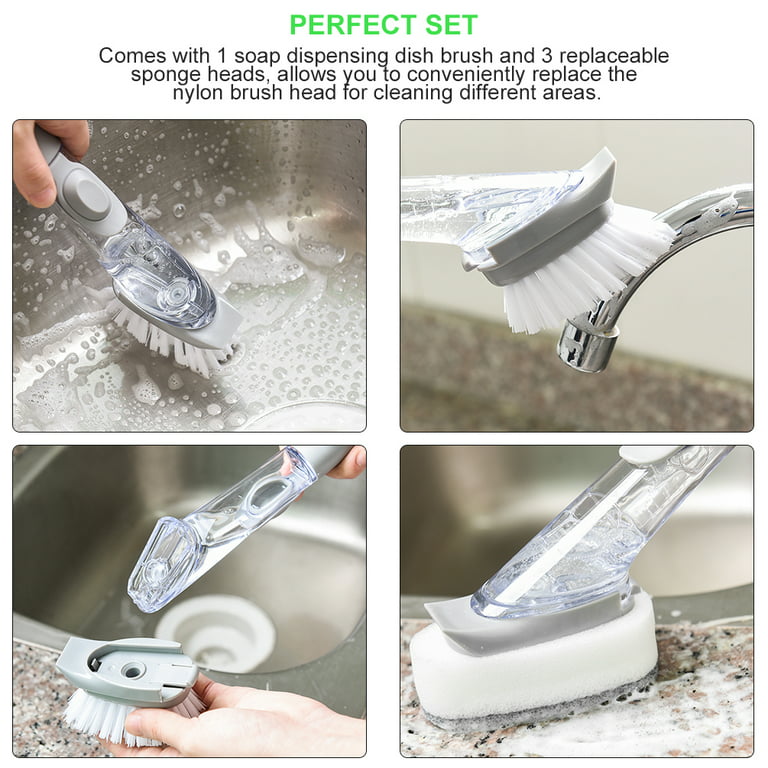Sink Brush Scrubber Soap Dispensing Dish Brush - 3 Sponge Heads & 3  Cleaning Brushes - Anti-slip Kitchen Dish Washing Brush - Light Grey 