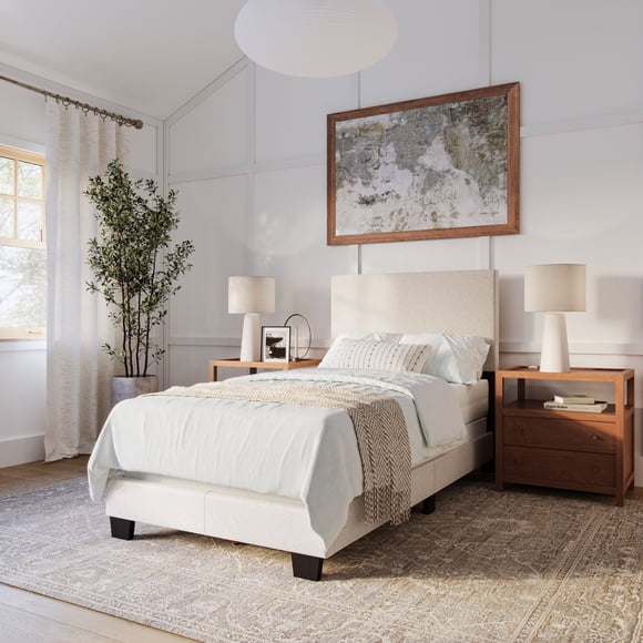 CorLiving Celeste Modern Upholstered Adult Twin Bed Frame with Headboard, Box Spring Required, Beige