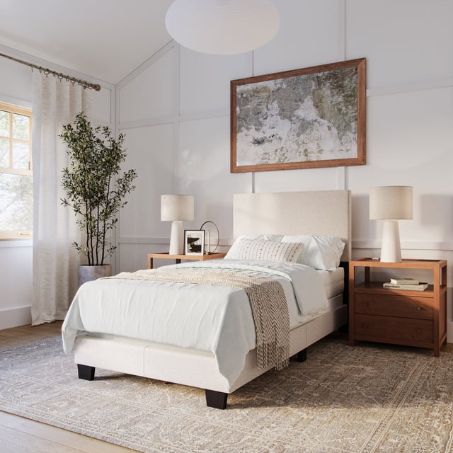 CorLiving Celeste Modern Upholstered Adult Twin Bed Frame with Headboard, Box Spring Required, Beige