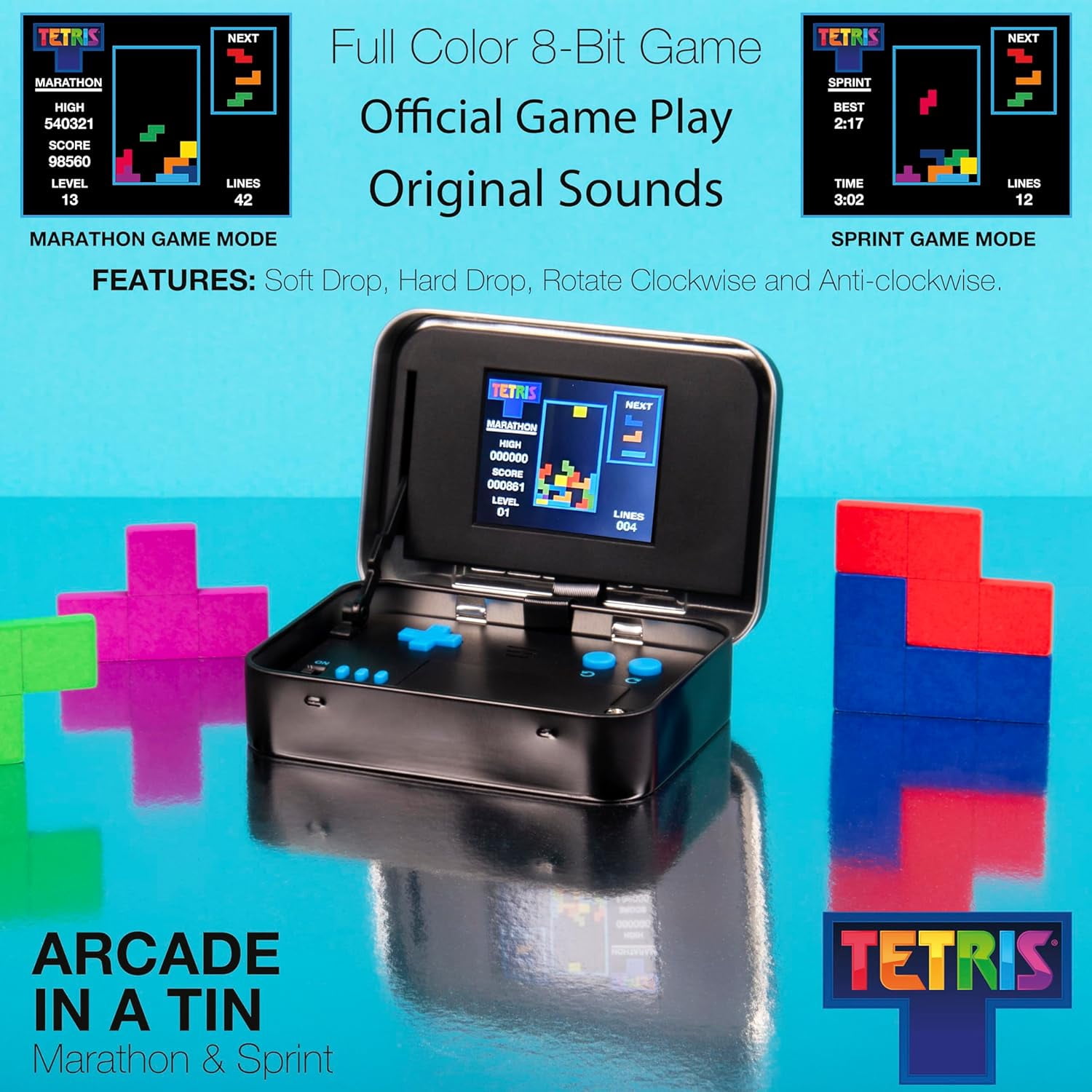 Fizz Creations Tetris Arcade in a Tin Handheld Retro Gaming Original Gameplay and Sounds